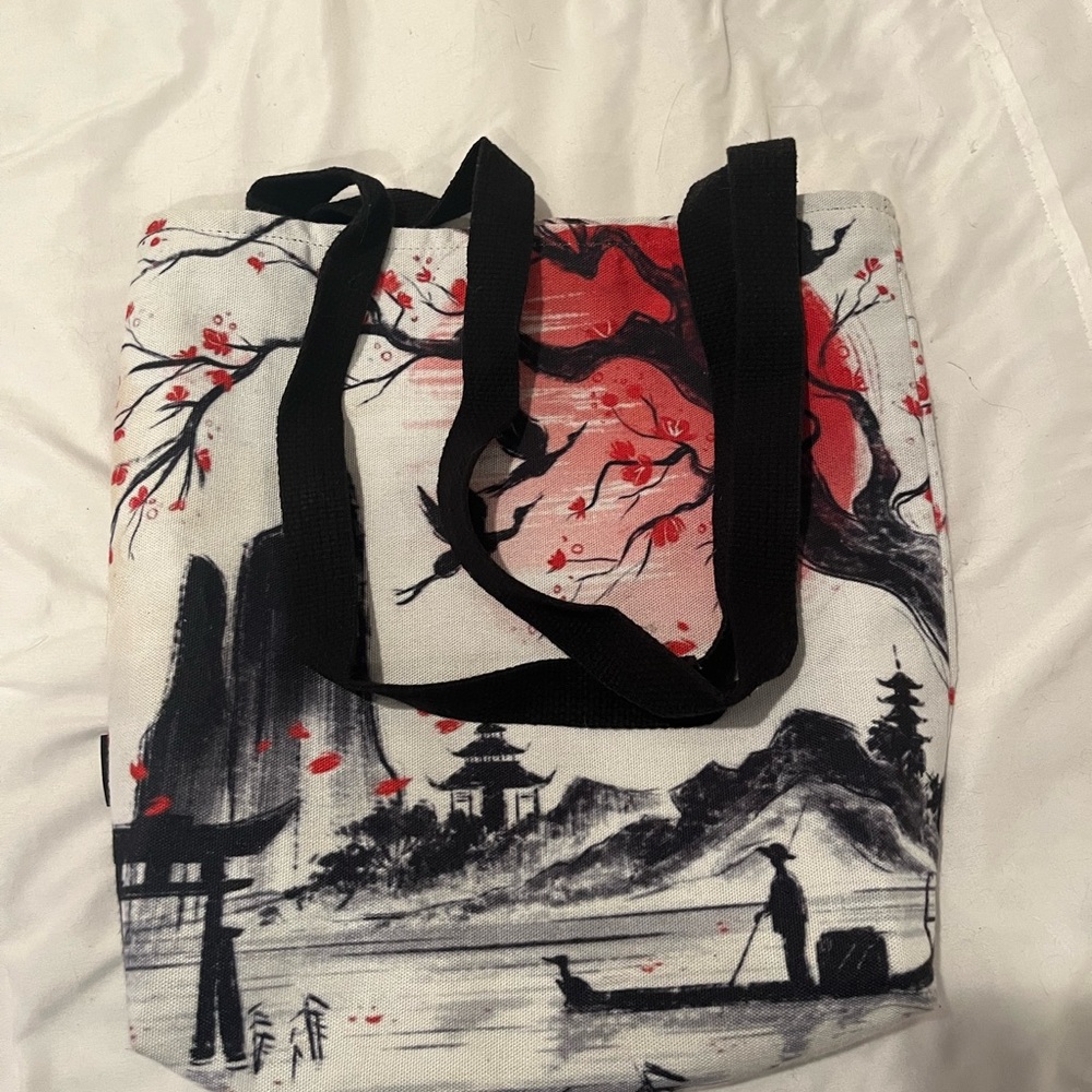 Japanese Scenic Print Tote Bag with Black Straps